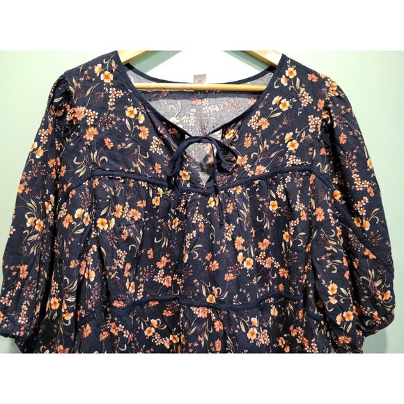 Old Navy Black Pink Floral Tie Neck Puff Sleeve Peasant Top Sz 3X - Picture 2 of 3
